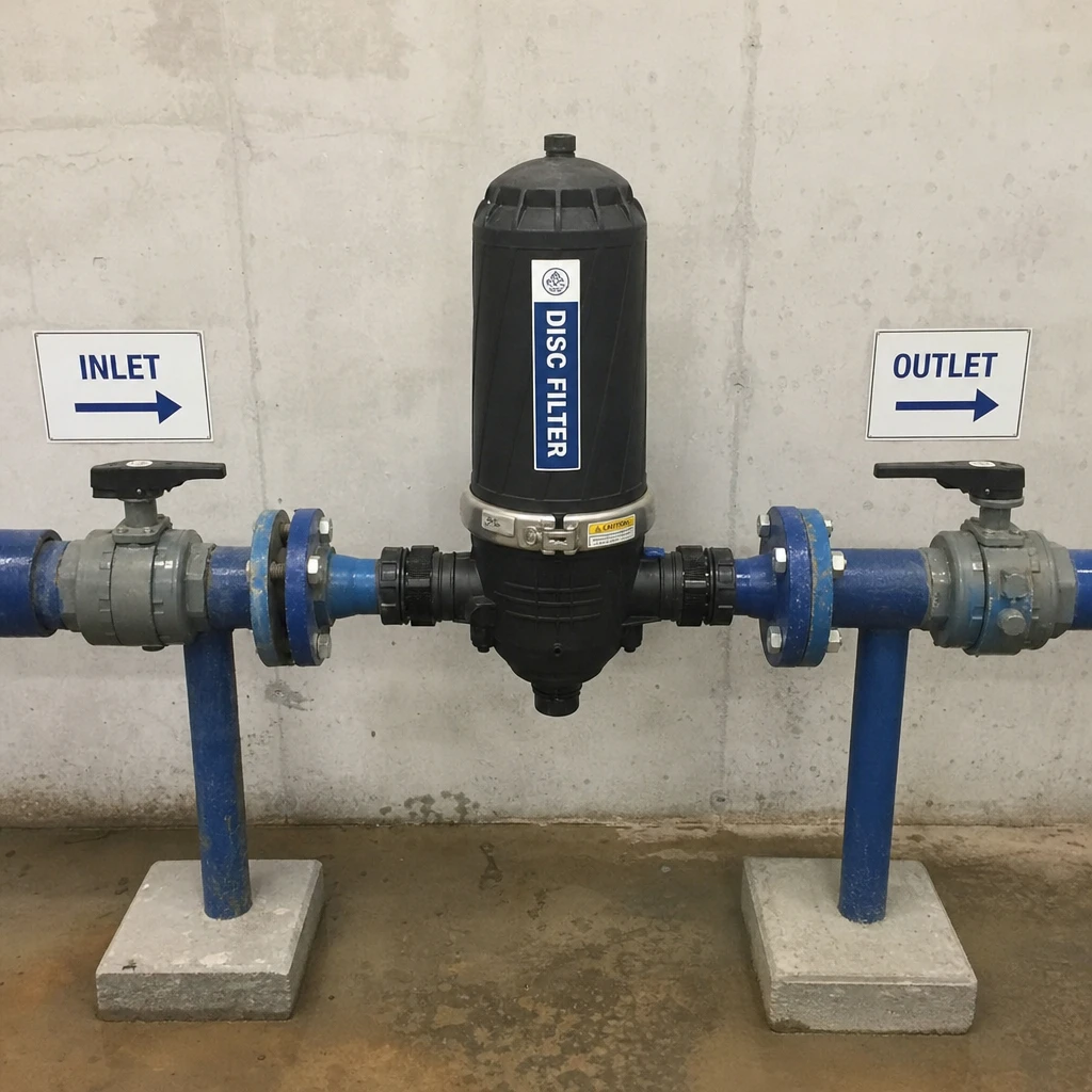 Disc filter system installed on a water line with inlet and outlet piping