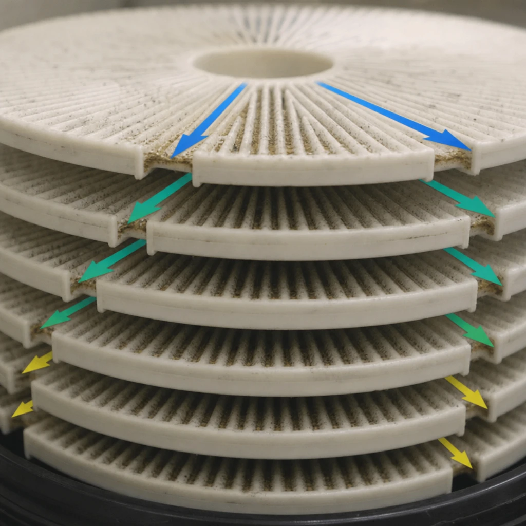 Close-up of stacked grooved filter discs showing layered filtration paths