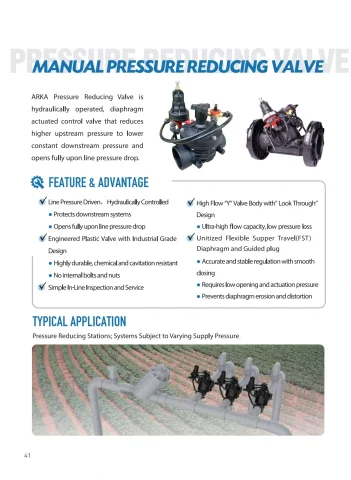 ARKA catalogue PDF page 42: Pressure Reducing Valve technical reference and related-model schedule