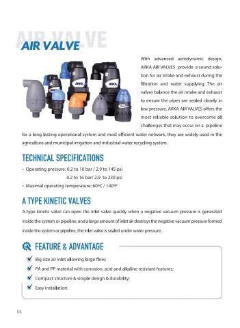 ARKA catalogue PDF page 56: Air Valve technical reference and related-model schedule