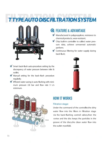 ARKA catalogue PDF page 74: Automatic Disc Filter System technical reference and related-model schedule