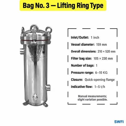 Bag No. 3 lifting-ring specifications | SWFI Series stainless steel bag filter housing
