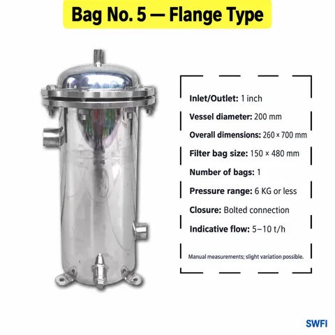 Bag No. 5 flange-type specifications | SWFI Series stainless steel bag filter housing