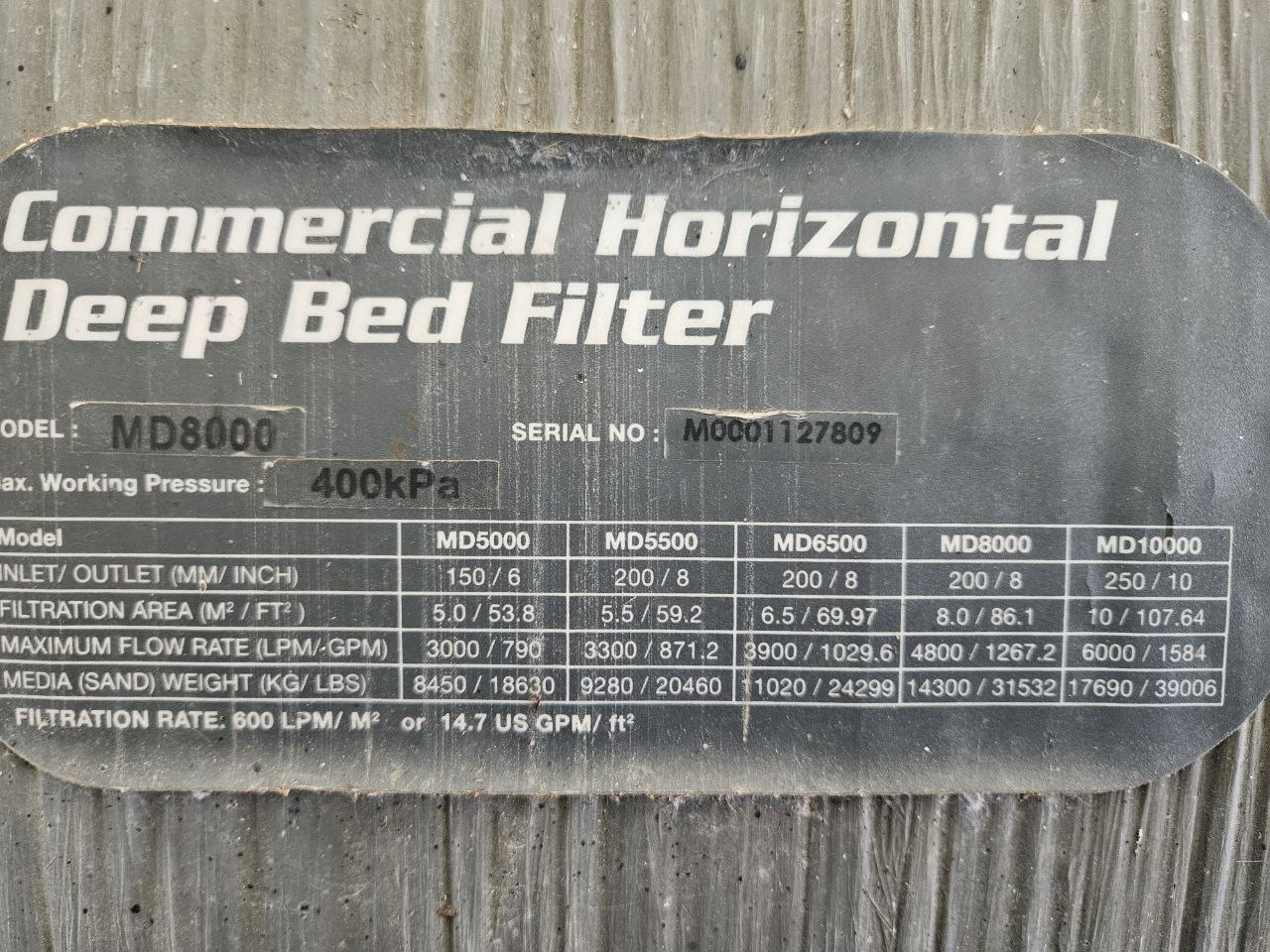 MD8000 horizontal deep bed filter equipment nameplate